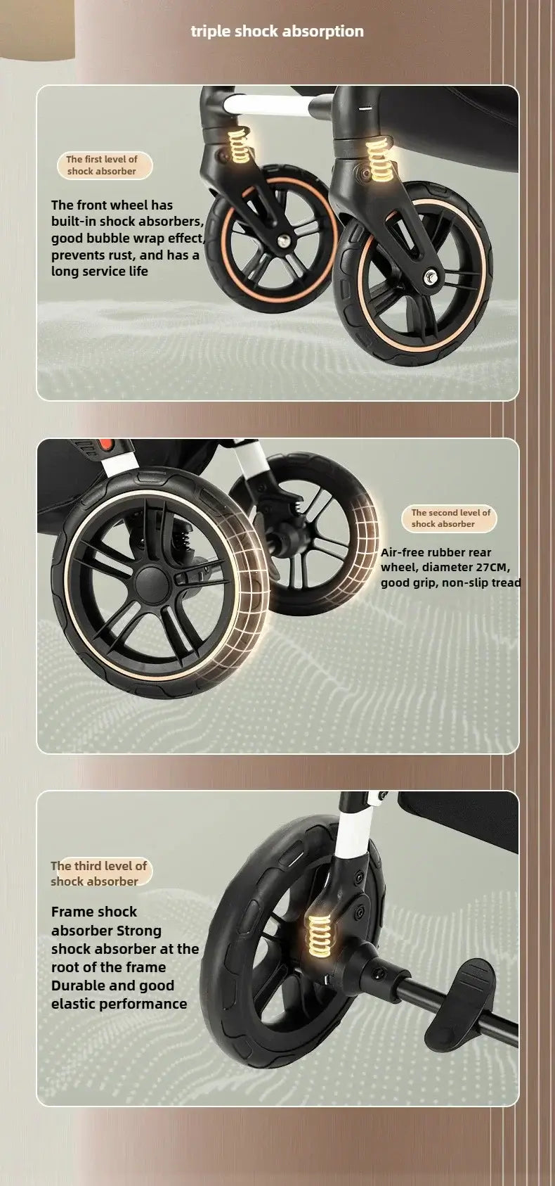 Close-up of a lightweight baby stroller showcasing triple shock absorption features in the wheels for smooth rides.