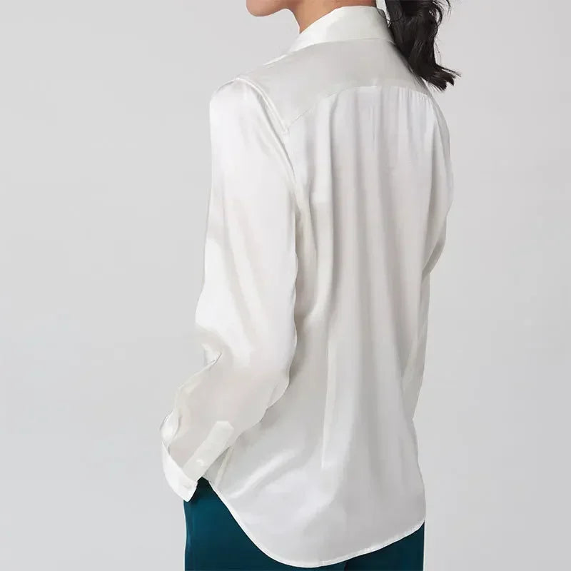 Back view of SatinGrace™ long sleeve silk shirt, showcasing its premium mulberry silk and loose fit design.