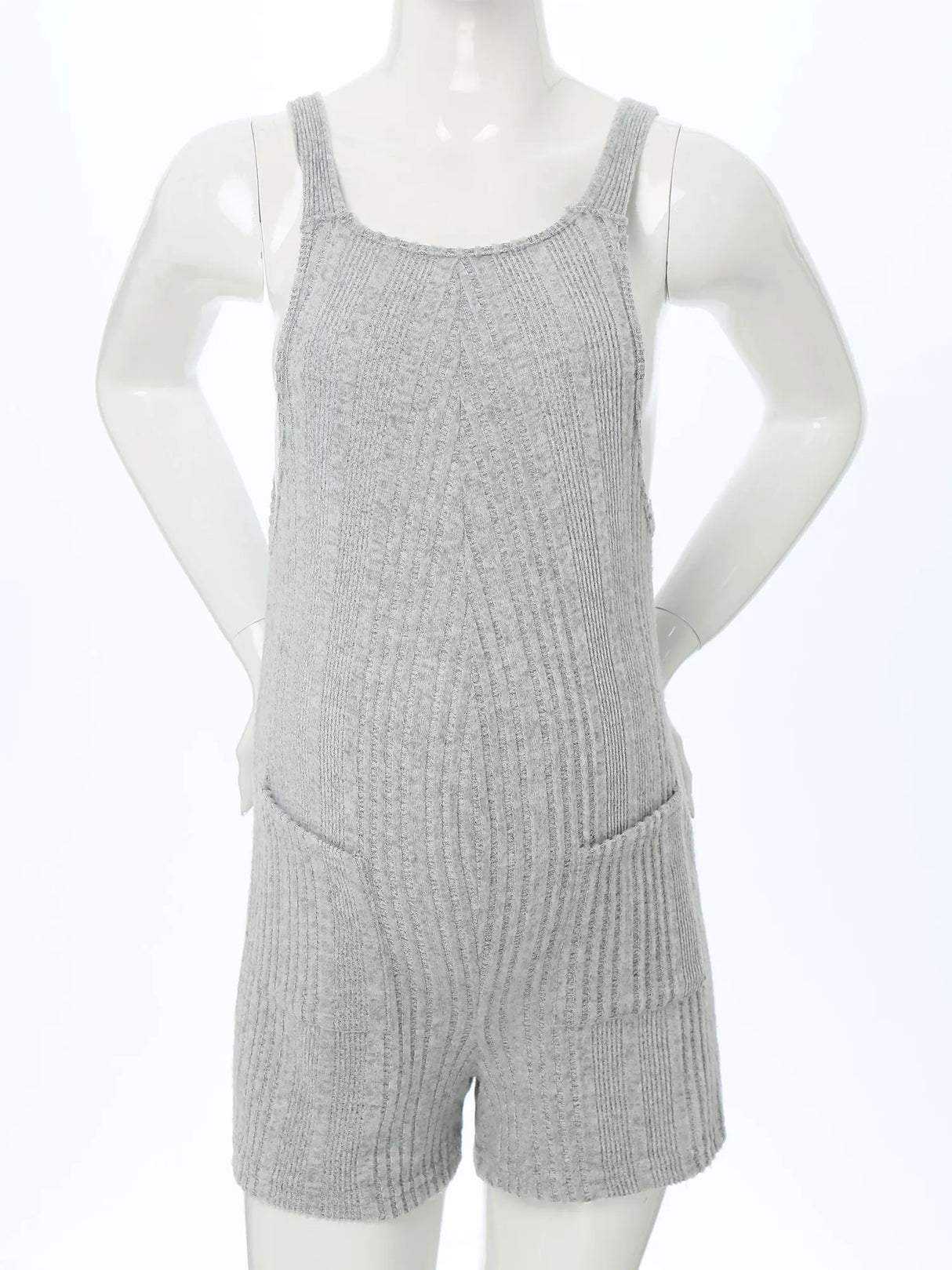Gray sleeveless ribbed maternity jumpsuit showcasing a relaxed fit and pockets, ideal for summer casual wear.