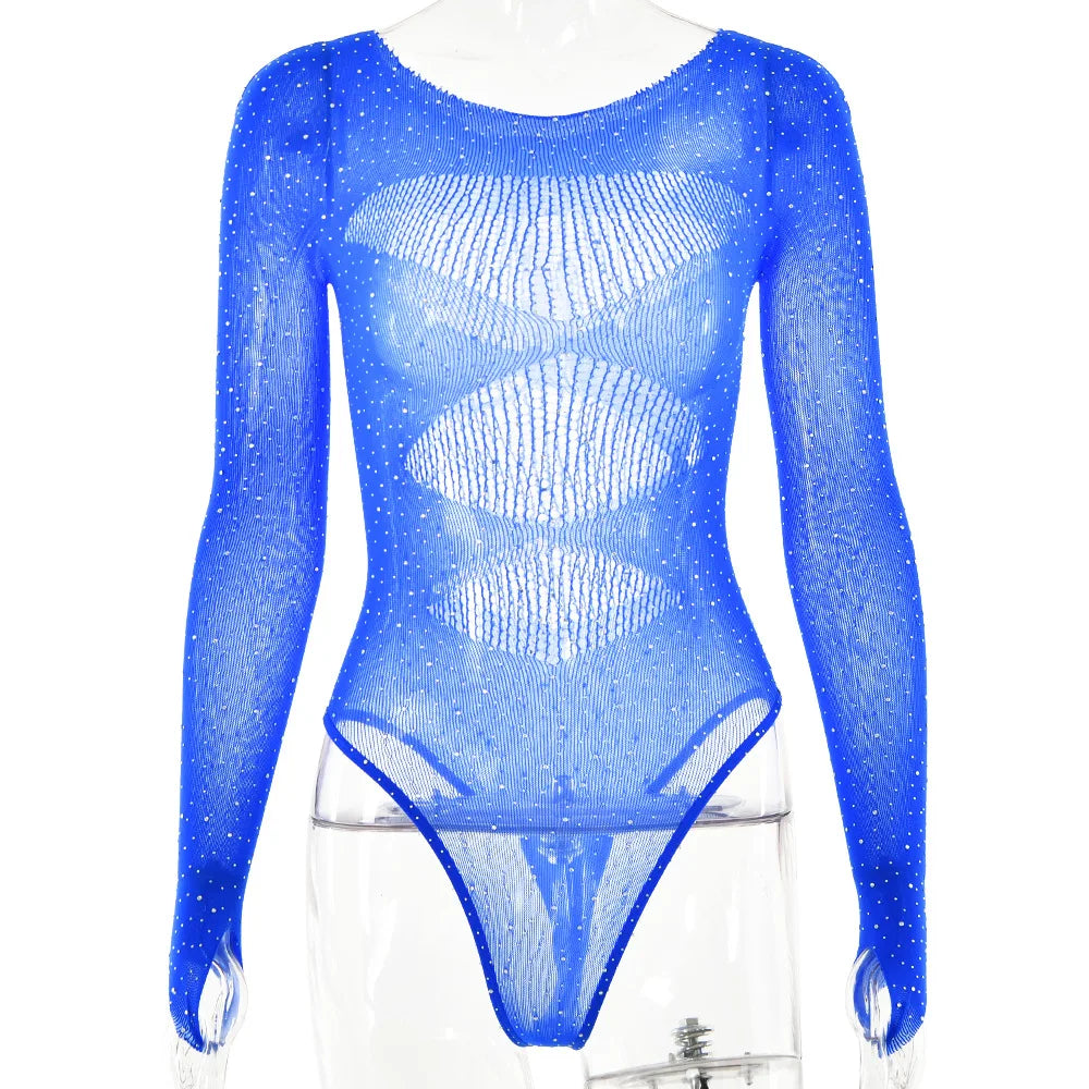 Women's Knitted Rhinestone Long Sleeve Bodysuit – Sexy Y2K Outfit