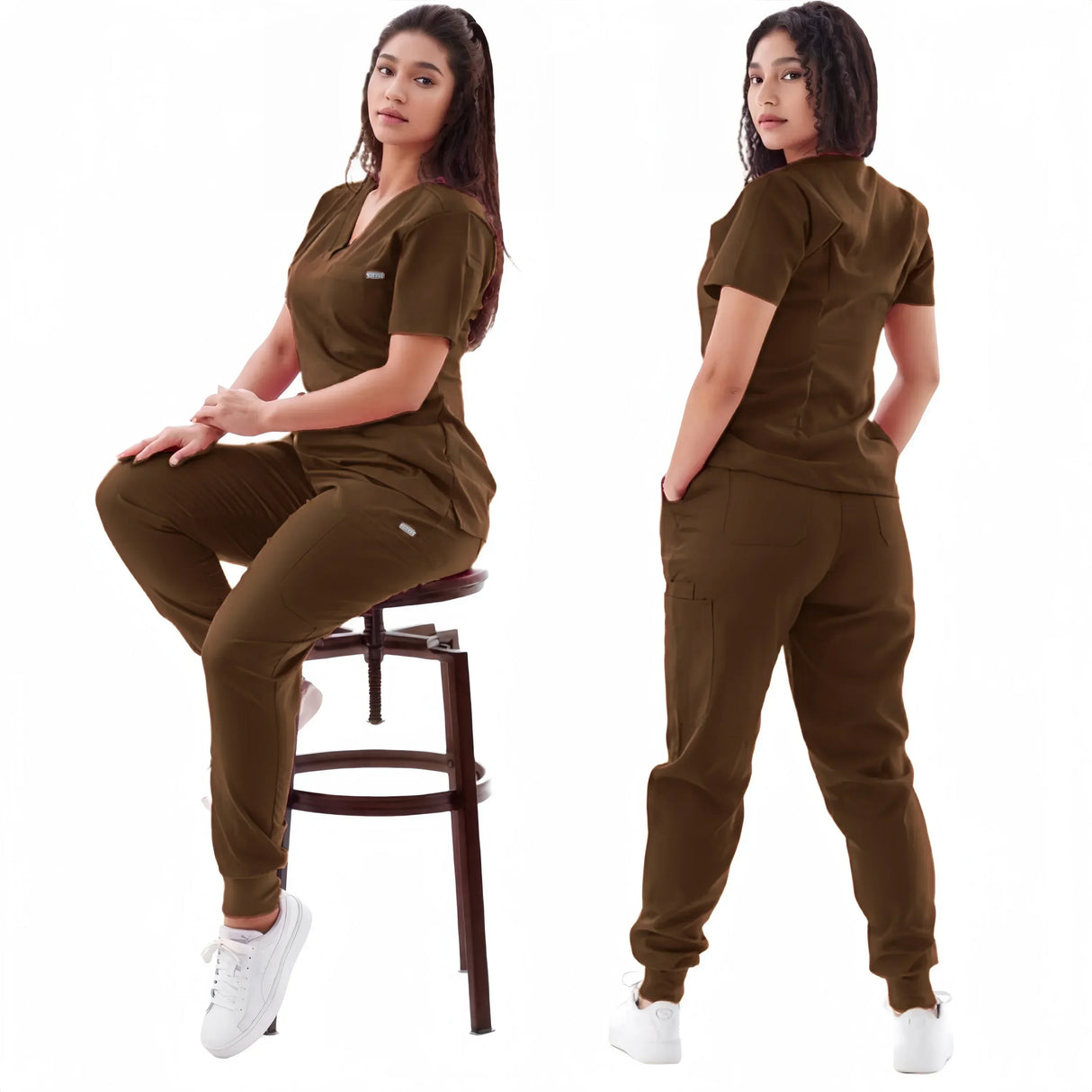 Woman wearing breathable medical scrub sets with elastic short sleeves in brown color, ideal for healthcare professionals.
