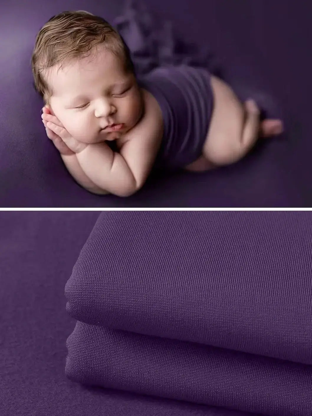 Newborn soft wrap blanket in purple, ideal for photography; soft fabric, unisex design for infants.