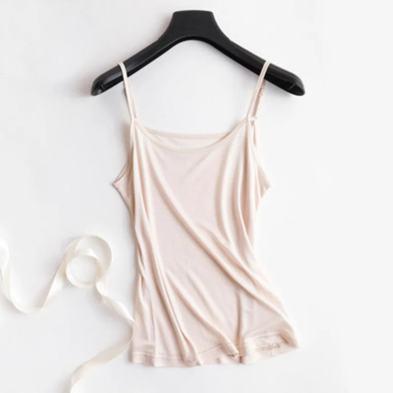 SilkAura™ women's silk blend knit camisole in soft beige color, perfect for breathable summer lingerie.