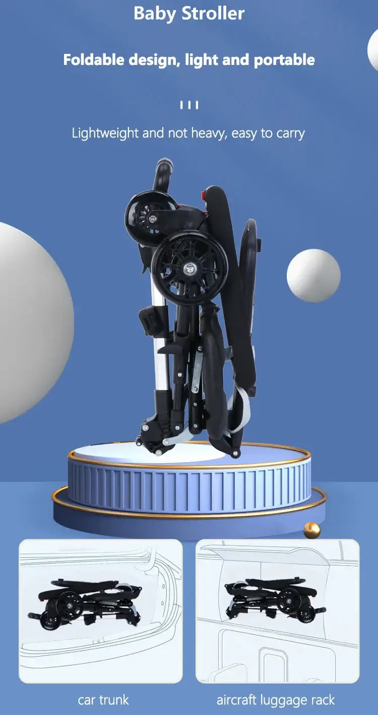 Light foldable baby stroller showcased with a portable design, easy to carry, perfect for travel and storage.