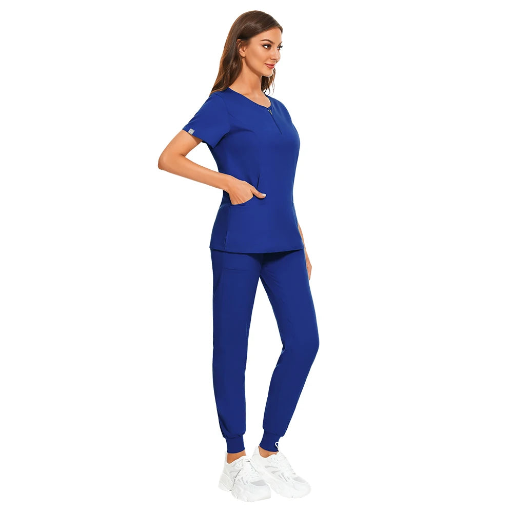 7-color nursing work uniform featuring breathable blue zipper V-neck top and matching pants for professional settings.