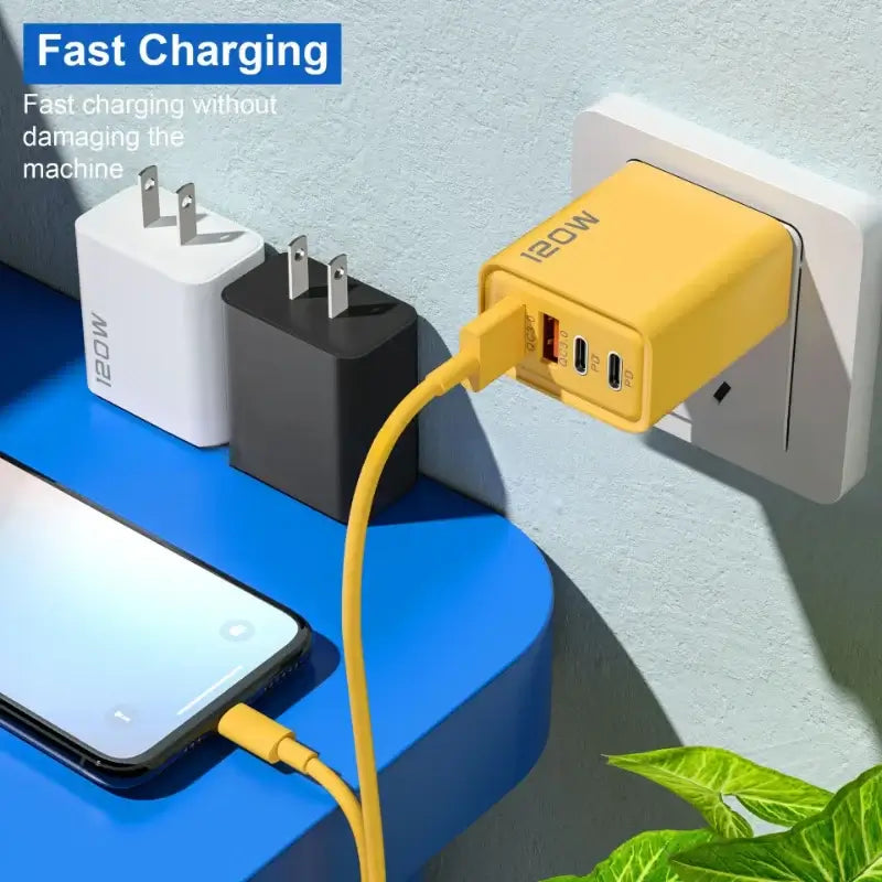 120W USB Type C Fast Charger plugged in, fast charging smartphone without damage, sleek design with two USB ports.