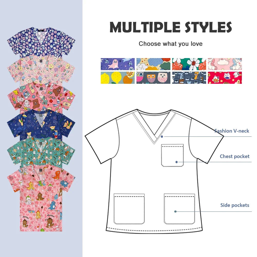 Colorful pediatric nursing scrub tops with V-neck and pocket styles, showcasing multiple patterns and designs.