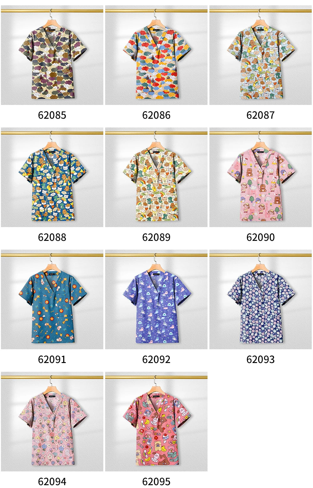 Various colorful printed nursing scrub tops for women, featuring short sleeves and unique designs.