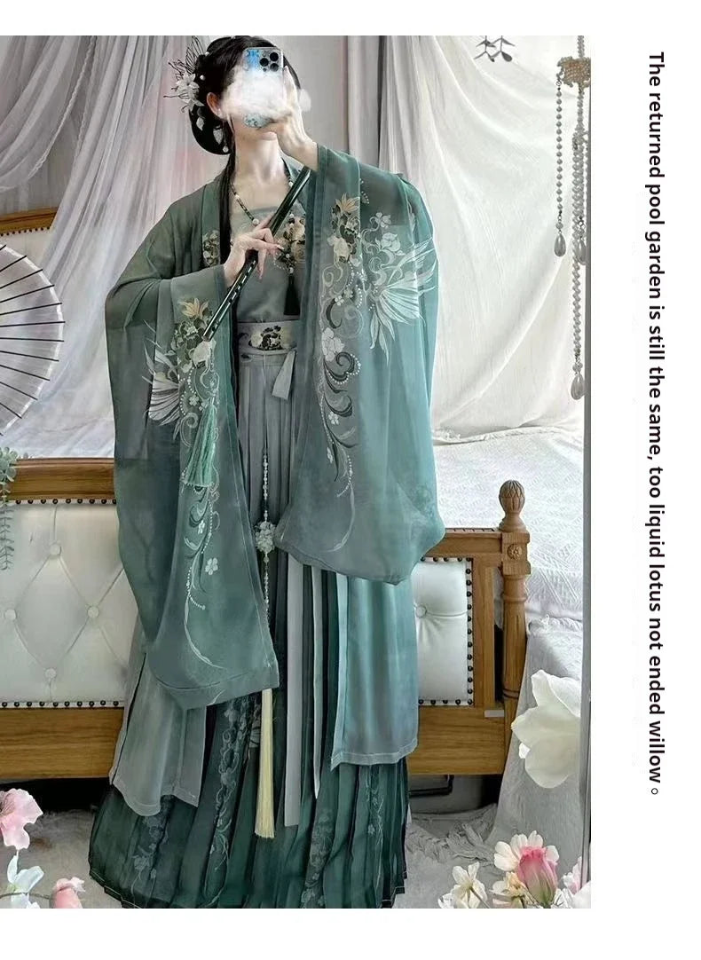 Elegant woman wearing a Song Dynasty Hanfu Set, featuring intricate floral embroidery and flowing chiffon fabric.