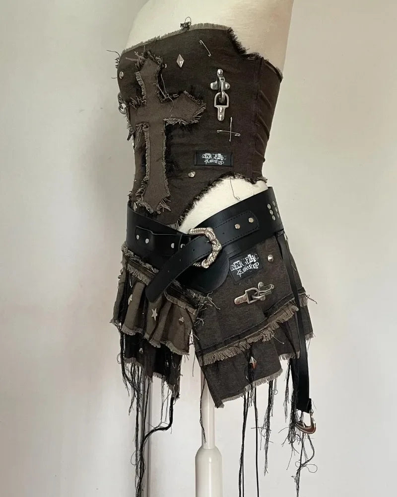 Women Cross Patch Denim Skirt Set