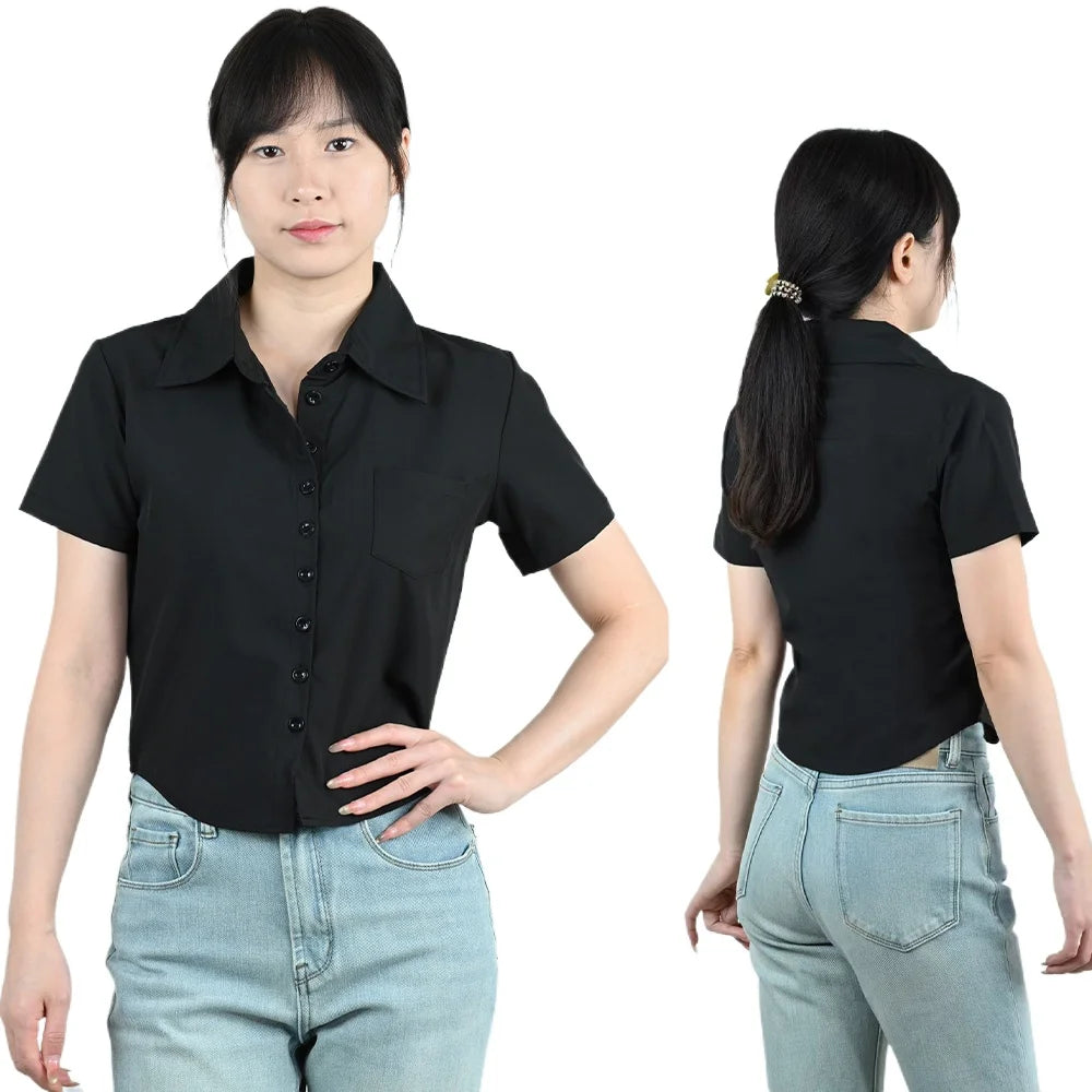Model wearing a black short sleeve slim fit professional shirt, showcasing front and back views.