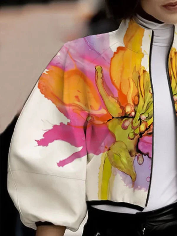 Floral High Neck Puff Sleeve Jacket