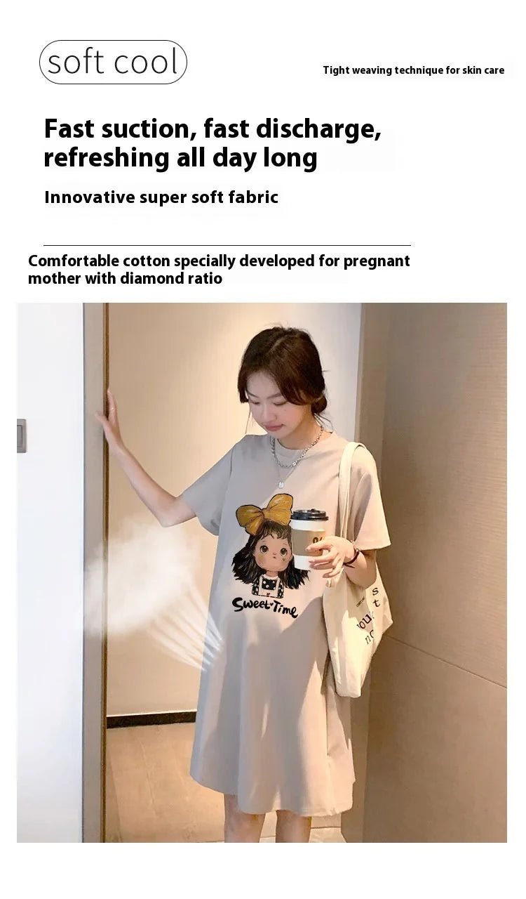 Sweet Casual Maternity T-Shirt Dress in soft fabric featuring cute cartoon design, perfect for summer wear.