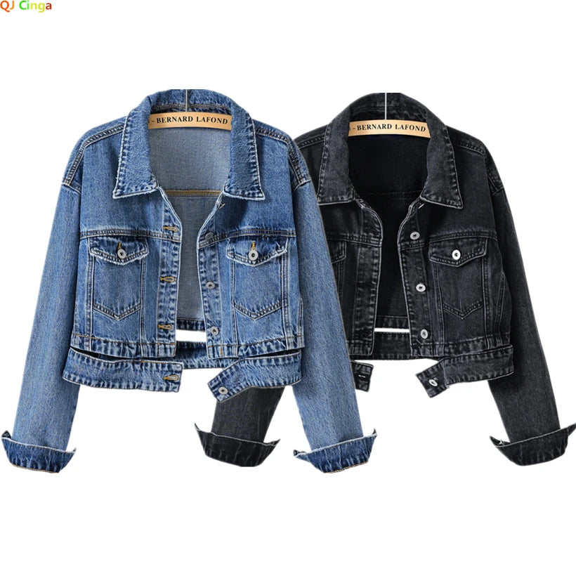 Women's Denim Jacket - Casual Black Overcoat