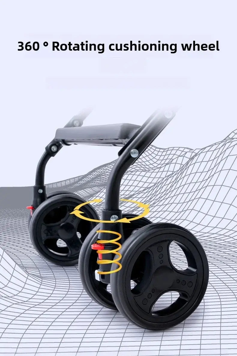 Close-up of a baby stroller's 360° rotating cushioning wheel for easy maneuverability and comfort.