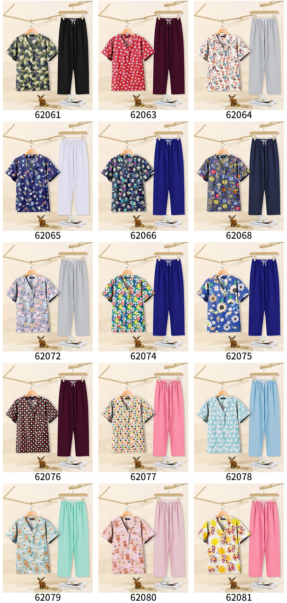 Colorful cartoon print dental scrubs set for women, featuring various styles and patterns ideal for pet grooming workwear.