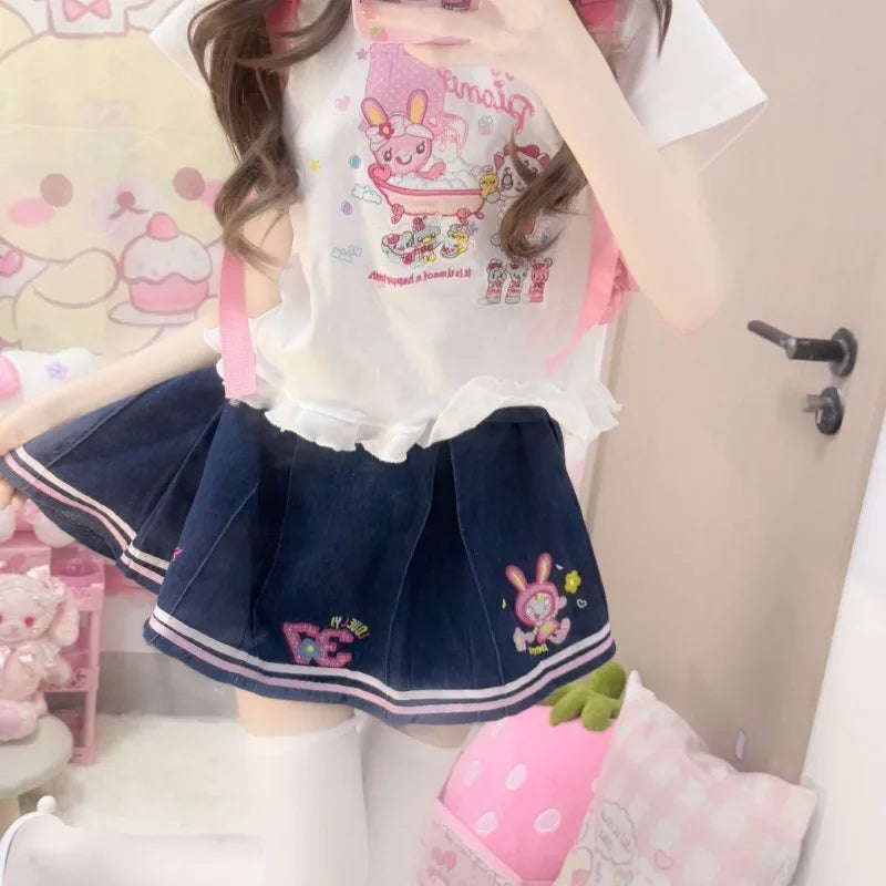 SweetCartoon™ – Embroidered Pleated Y2K Skirt (Cute A-line Faldas)