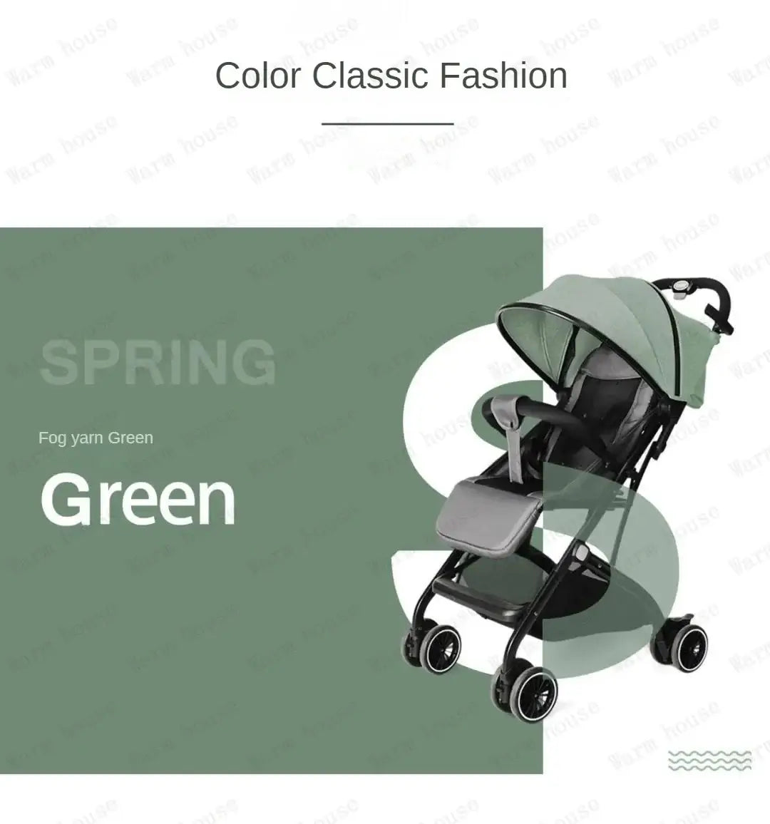 Portable foldable baby stroller in fog yarn green by Warm House, suitable for ages 0-3 years.
