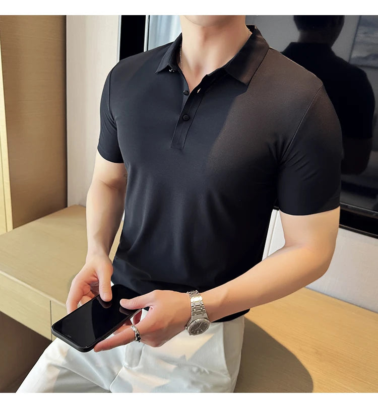 Men Ice Silk Polo Shirt Brown Top