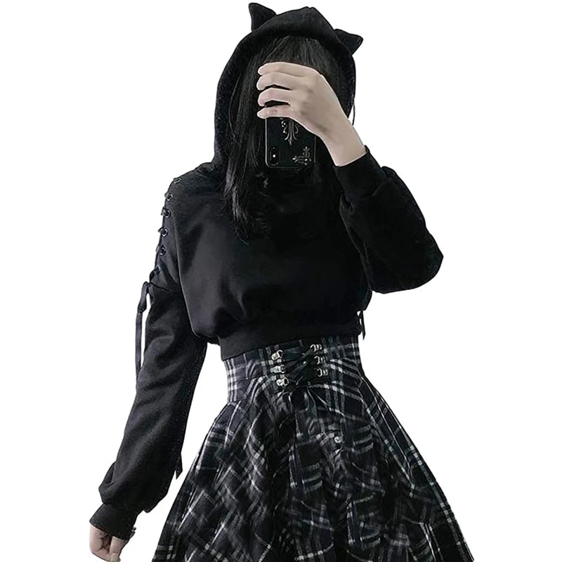 Gothic Cat Ear Crop Hoodie