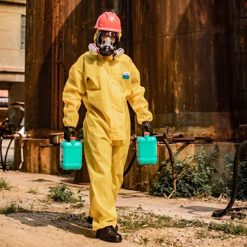 Chemical resistant work coverall in yellow, worn by a worker with a gas mask and helmet, carrying green containers outdoors.