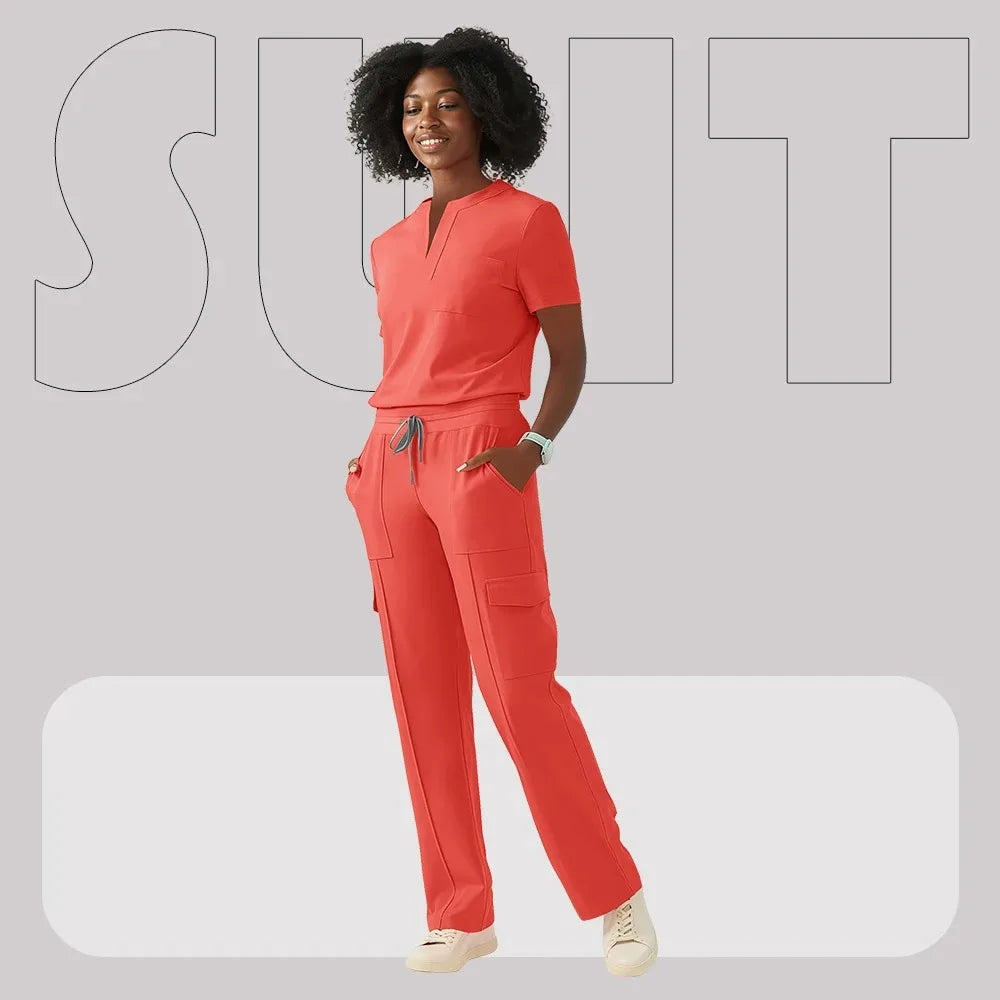 Model wearing a vibrant red Women's Hospital Scrub Suit, perfect for healthcare and pet shop workwear.