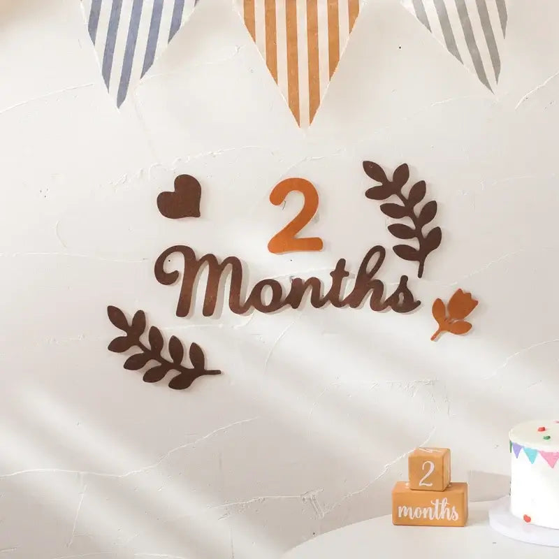 Soft felt milestone card displaying '2 Months' with decorative leaves and heart, perfect for baby monthly photos.
