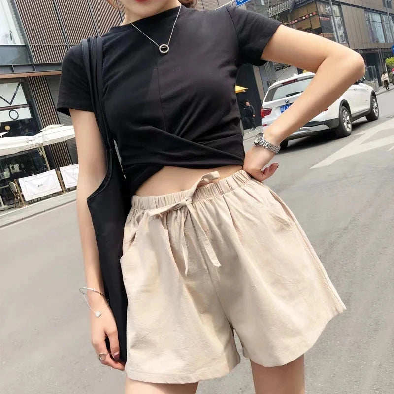 Women Cotton Linen High Waist Shorts