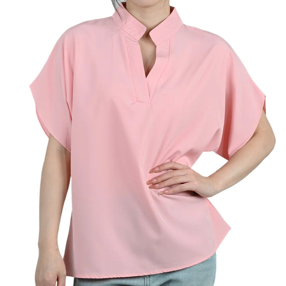 FlareFemme™ V-Neck summer blouse in pink with short flare sleeves for women, suitable for midlife wear.