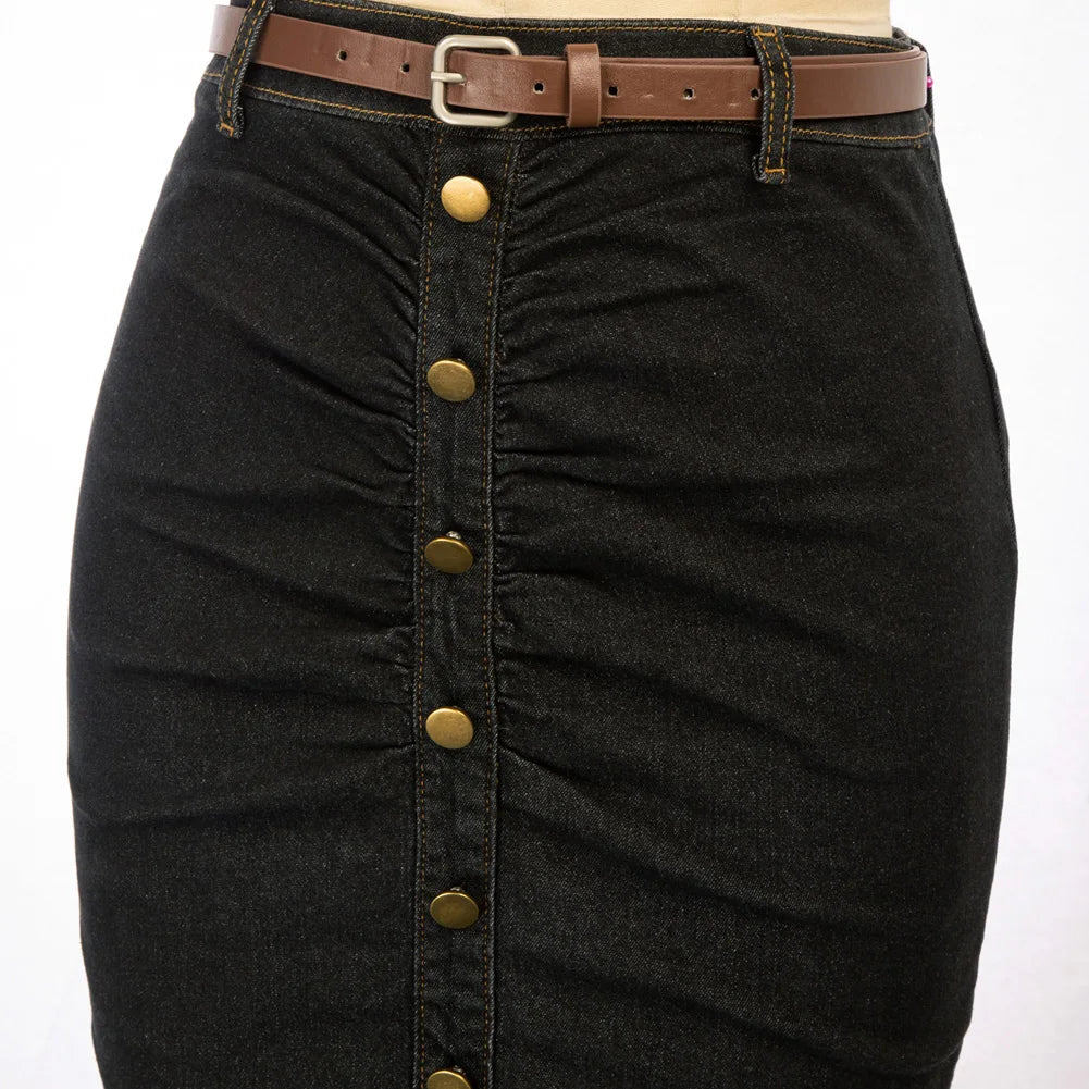 BuckleCurve™ – Ruched Belt Bodycon Skirt (High Waist Retro Denim)