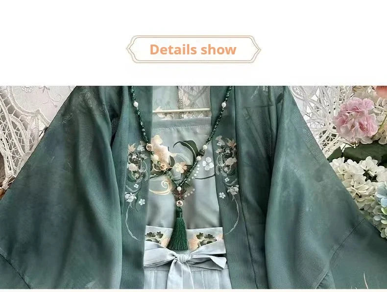 Detailed view of Song Dynasty Hanfu set featuring green chiffon fabric and floral embroidery.