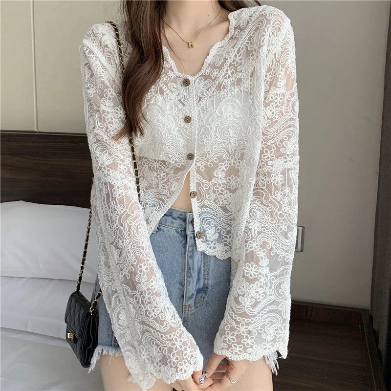 Sheer lace sun shirt with long sleeves, V-neck, and button closure, perfect for summer fashion.