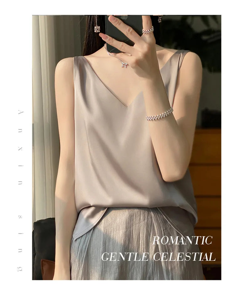 Ice Silk Satin V‑Neck Camisole Crop Top