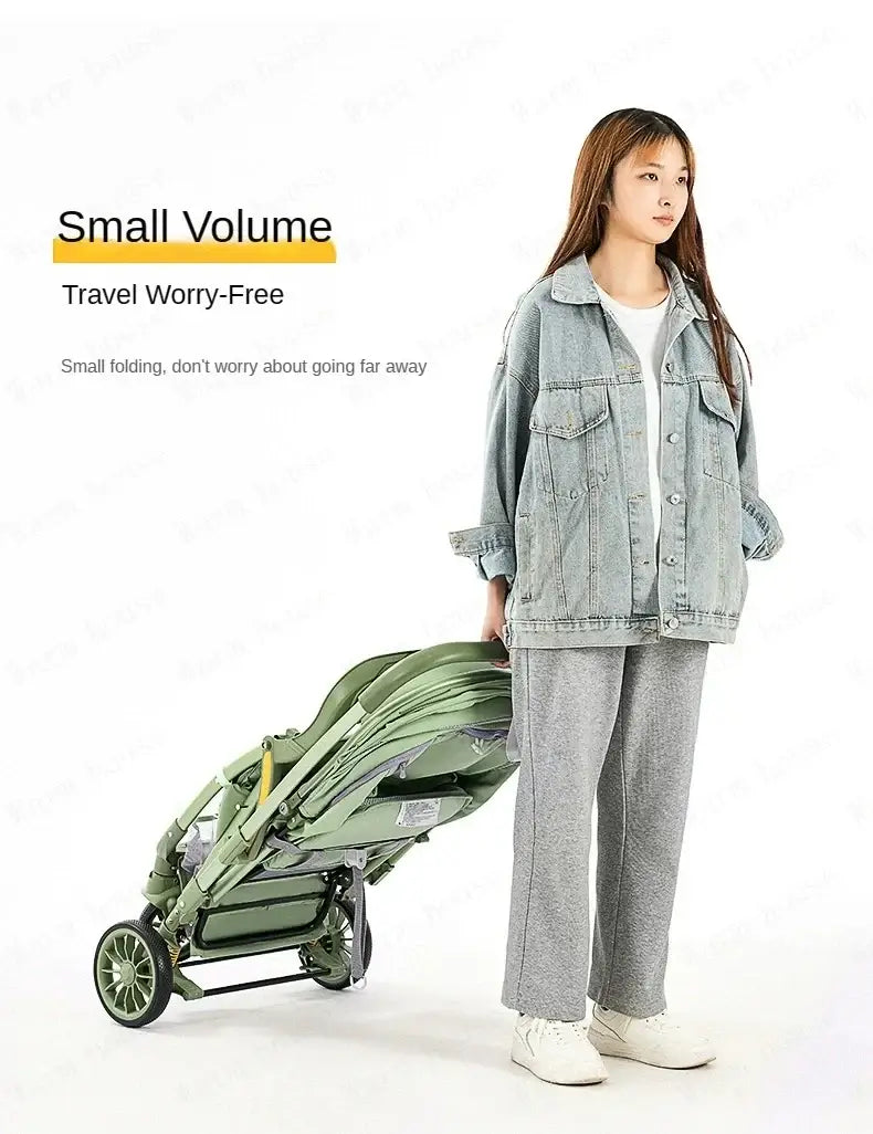 Young woman demonstrating a compact bi-directional baby stroller in green, highlighting its travel-friendly design.