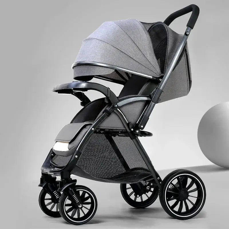 Bi-directional high landscape baby stroller with lightweight folding design in gray fabric and durable wheels.