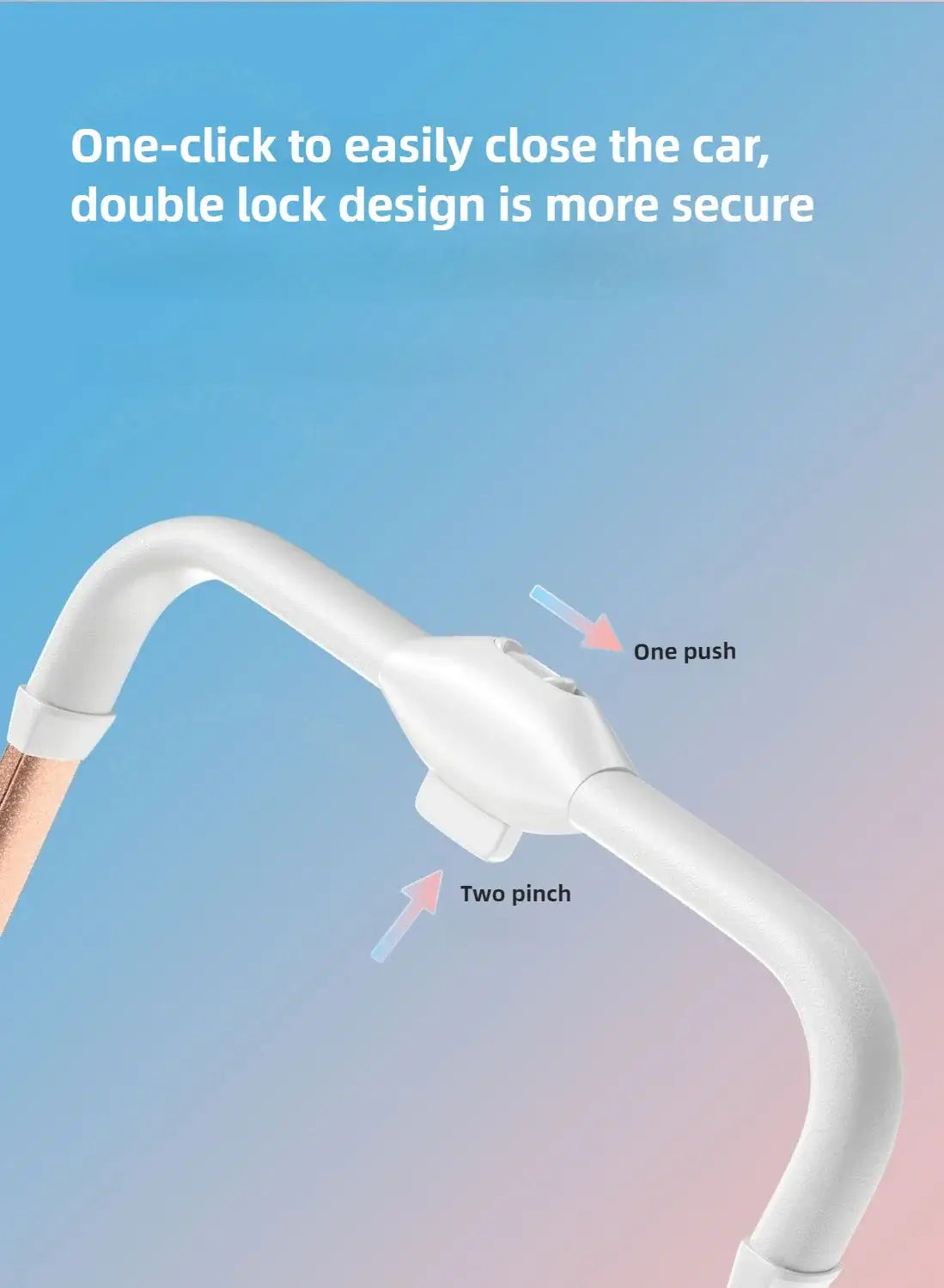 Close-up of a lightweight baby stroller handle showcasing one-push and double lock safety features.