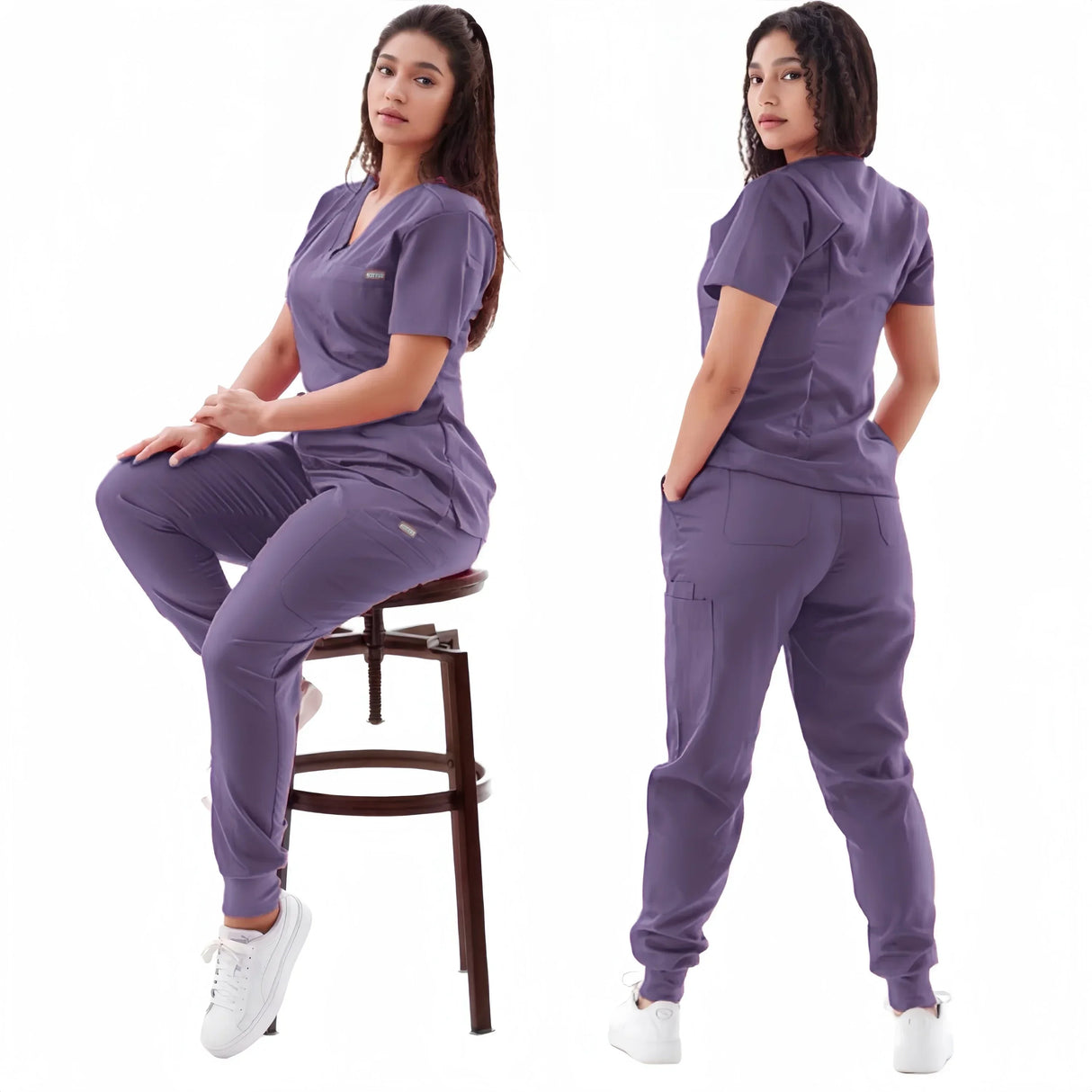 Women’s breathable purple medical scrub set featuring elastic short sleeves and comfortable pants.