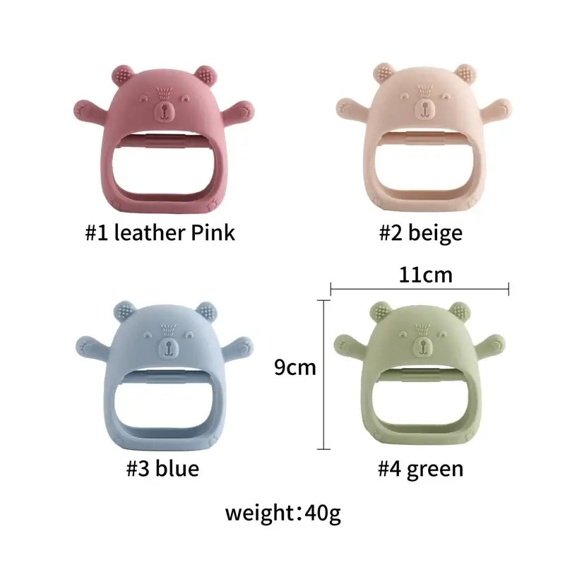 Baby teether gloves in pink, beige, blue, and green, made of soft silicone, designed for ages 0-6 years.
