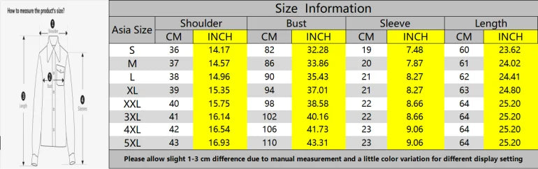 Size chart for KoreLux™ white short sleeve shirt, detailing measurements in inches and centimeters for youth and adult sizes.
