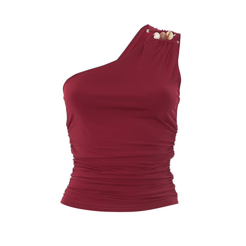 One-Shoulder Beaded Ruched Tank Top
