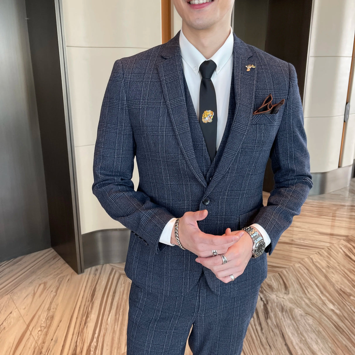 Men Plaid 3-Piece Business Suit