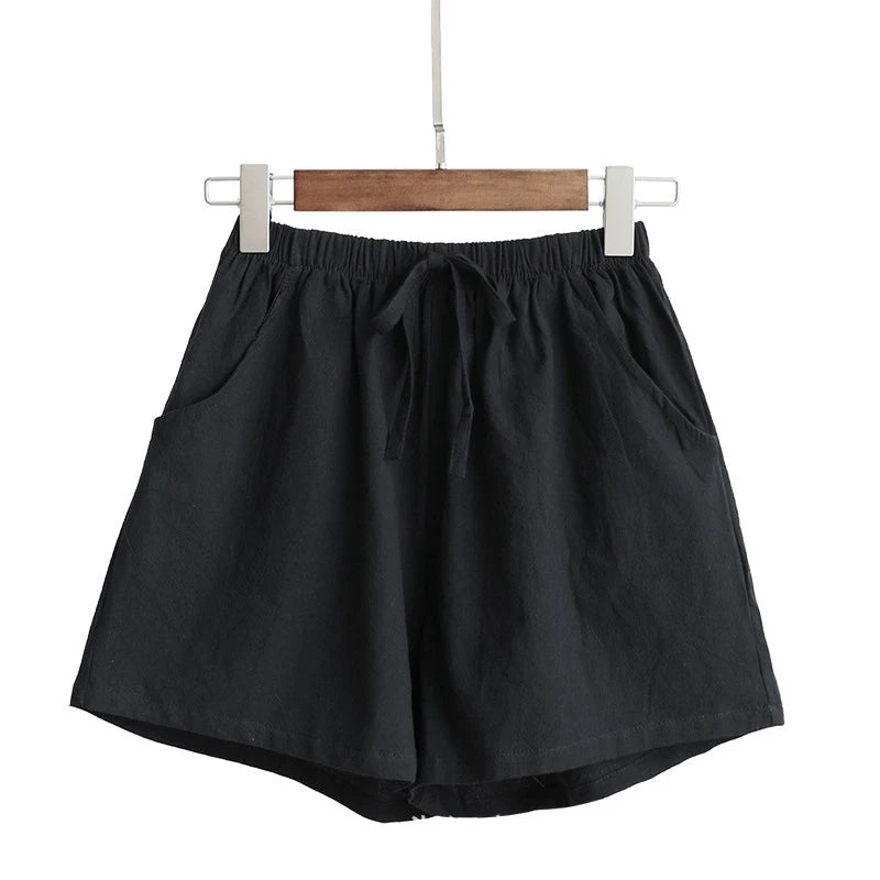 Women Cotton Linen High Waist Shorts