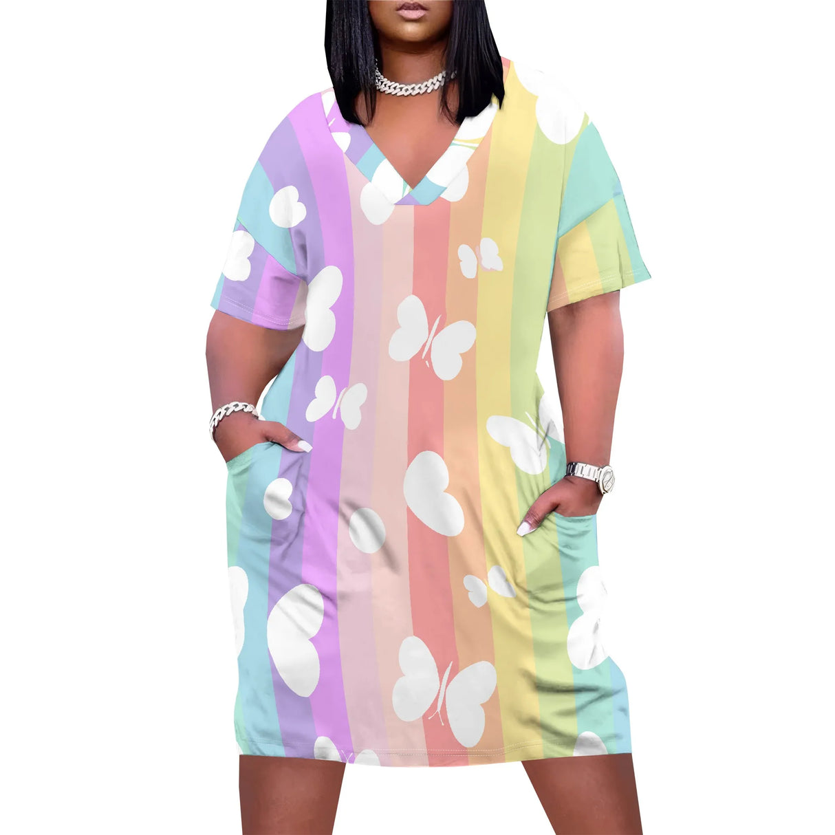 فستان شاطئ نسائي برقبة على شكل حرف V وزهرة عباد الشمس