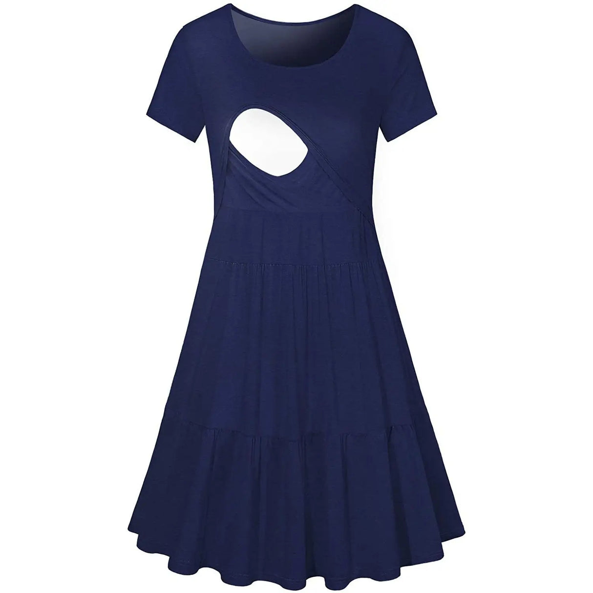 Navy blue short sleeve dress with a unique cutout design, perfect for nursing and summer outings.