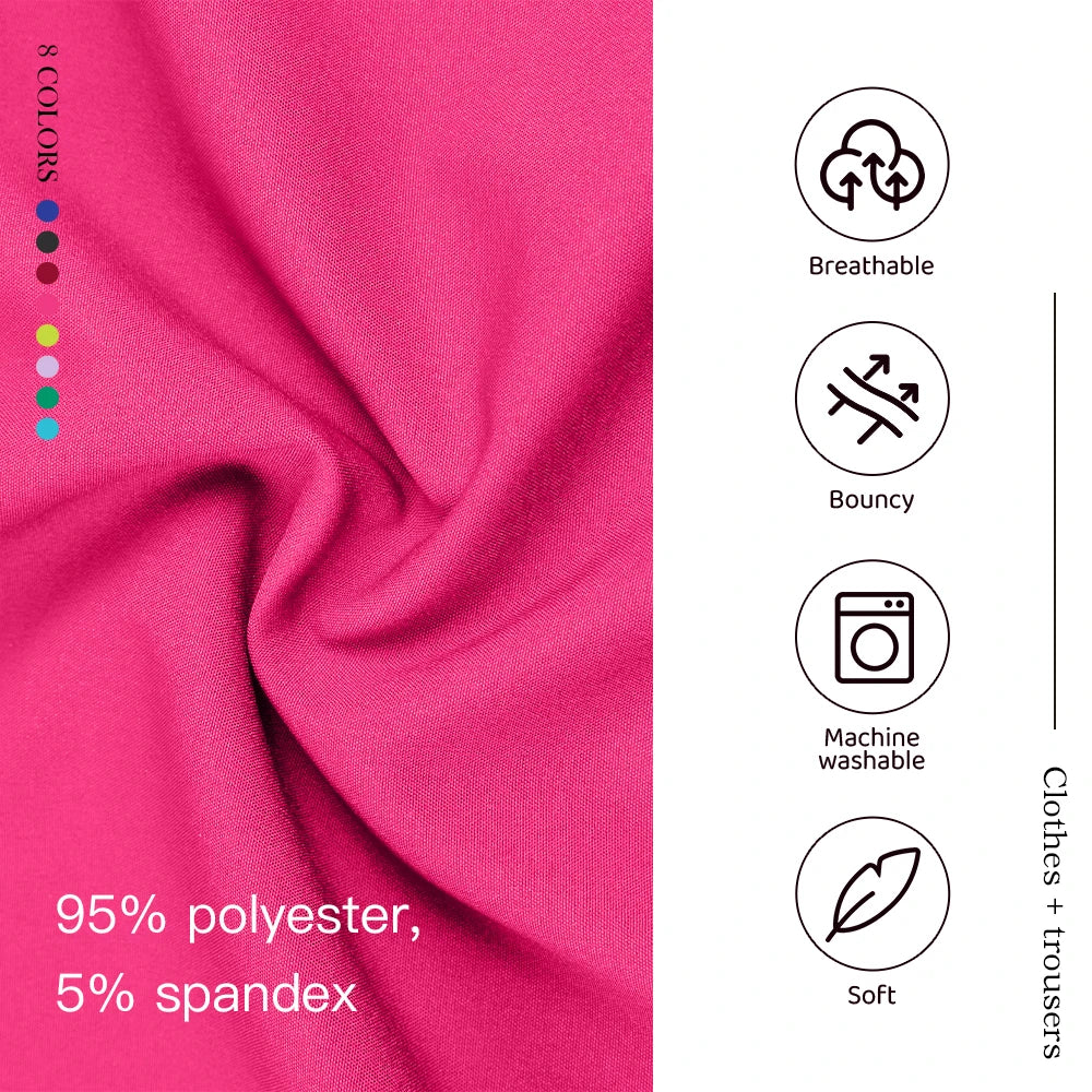 Close-up of pink fabric showing 95% polyester and 5% spandex; features breathable and machine washable qualities.