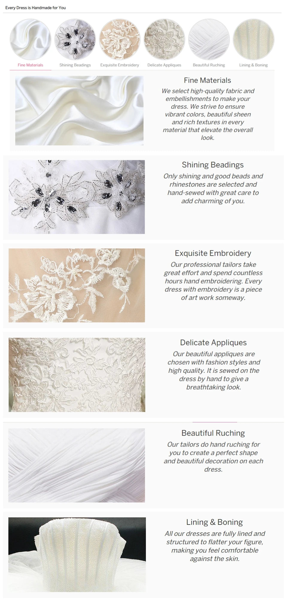 Collage of high-quality wedding dress materials and features: fabrics, beading, embroidery, appliques, ruching, and lining.