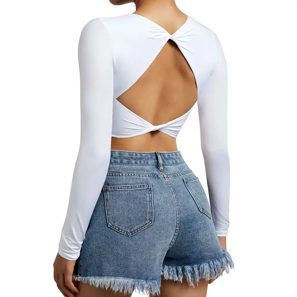 بلوزة يوغا نسائية مفتوحة الظهر بأكمام طويلة