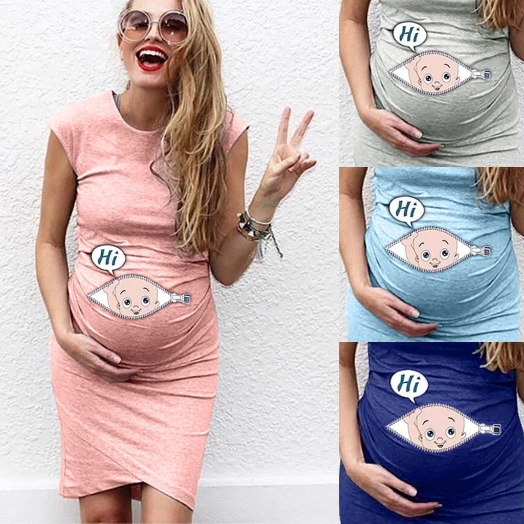 Loose casual maternity dress in various colors with playful cartoon design for expectant mothers.