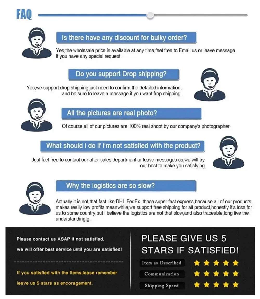 FAQ flyer addressing discounts, drop shipping, product satisfaction, and logistics concerns.