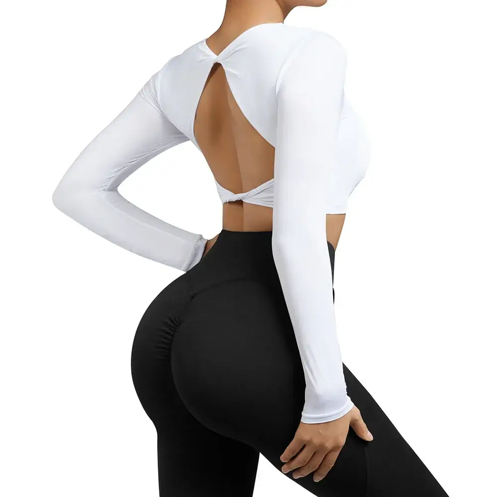 بلوزة يوغا نسائية مفتوحة الظهر بأكمام طويلة